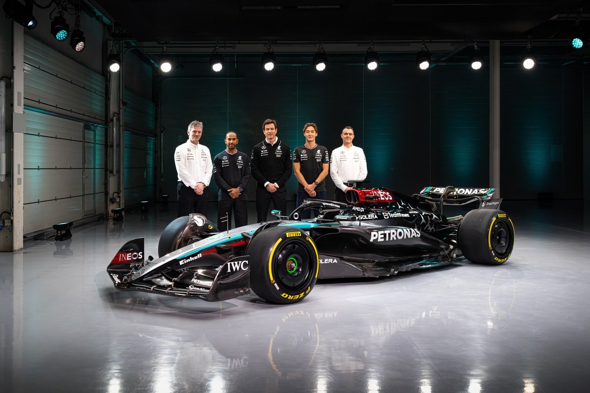The Mercedes W15 carries a revised livery for 2024. Image: Mercedes
