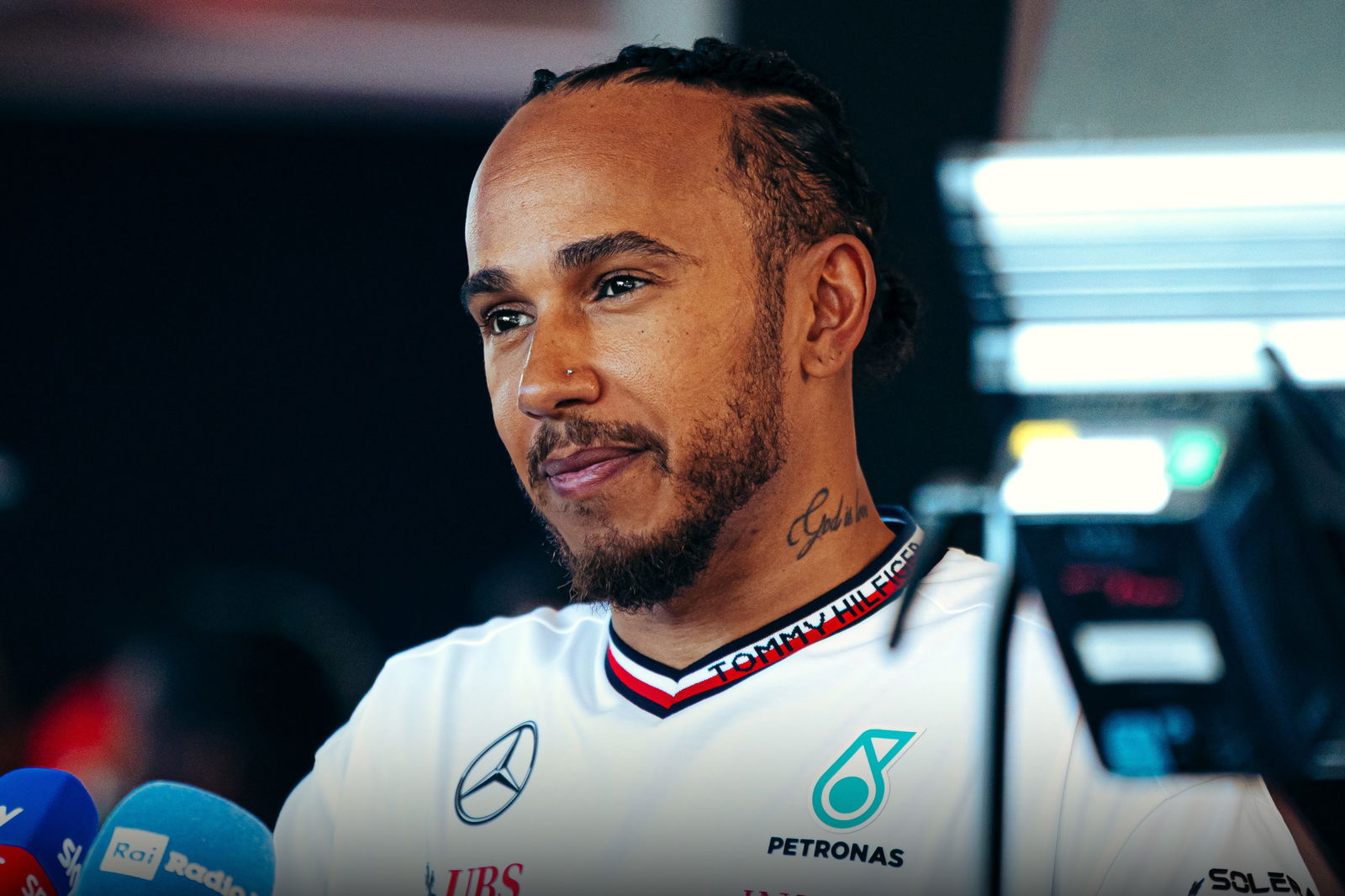 Lewis Hamilton speaks to media.