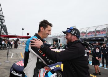 Nick Percat (left) and Matt Stone (right) after winning Race 6 of the Supercars Championship at Albert Park. Image: Supplied