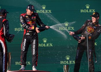 Broc Feeney (centre), fellow 21-year-old Matt Payne (right of frame), and 25-year-old Will Brown (left) on the podium after Race 3 of the Supercars Championship at Albert Park. Image: Supplied