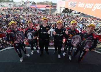 Six smiling drivers after the Bathurst 1000.