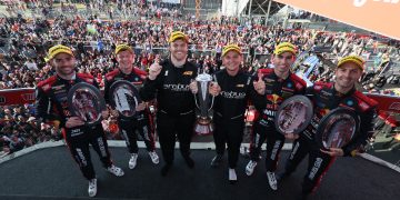 Six smiling drivers after the Bathurst 1000.