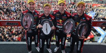 The Triple Eight drivers on the Bathurst podium