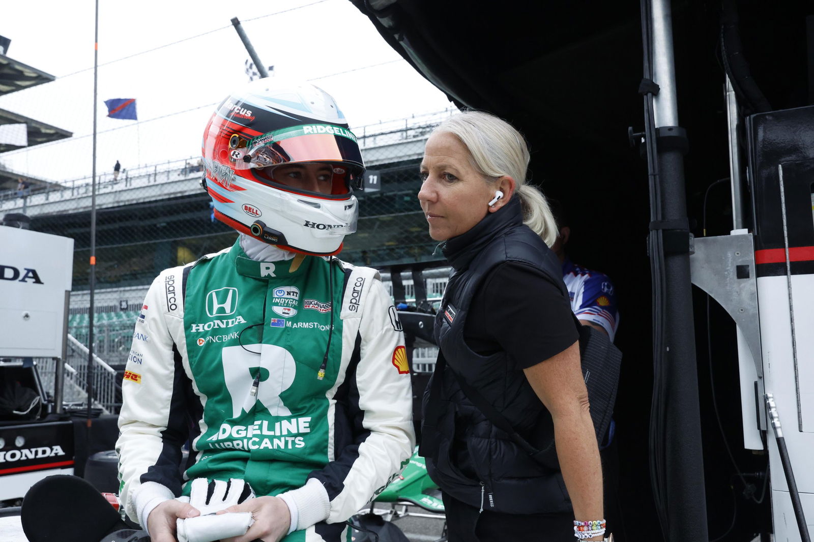 High-performance manager Angela Cullen (right) with IndyCar driver Marcus Armstrong. 