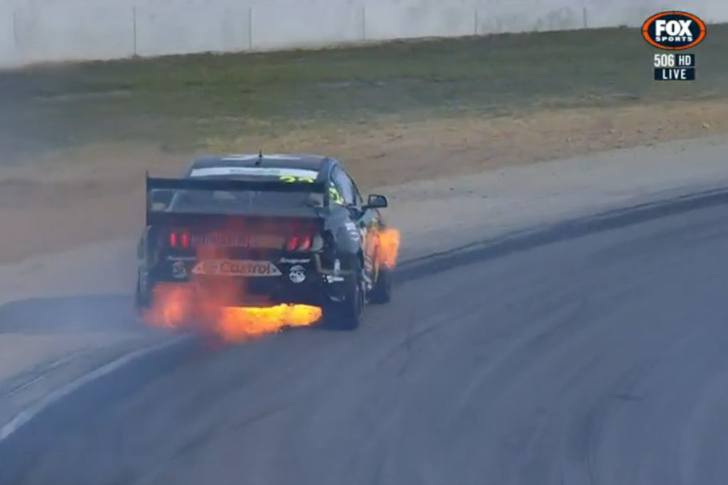 Mason Kelly's Mustang on fire. Image: Fox Sports