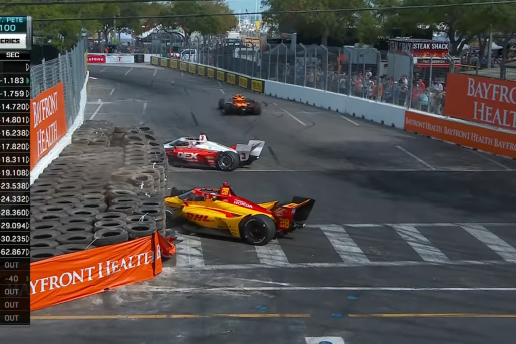 The Turn 4 tyre barrier has been reduced in size after this Scott McLaughlin-Romain Grosjean incident in 2023. Image: IndyCar world feed
