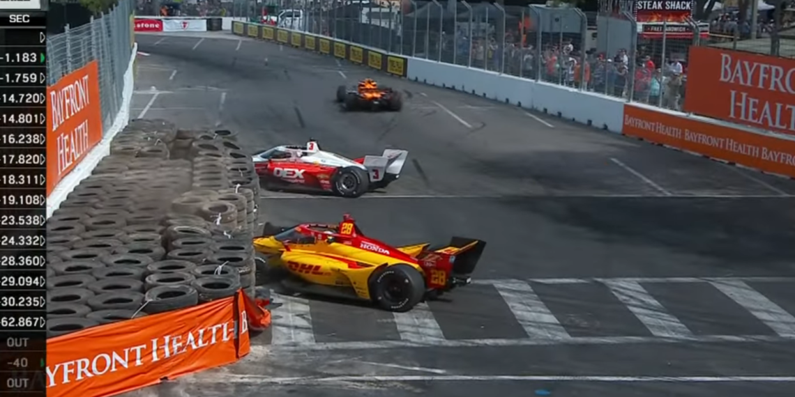 The Turn 4 tyre barrier has been reduced in size after this Scott McLaughlin-Romain Grosjean incident in 2023. Image: IndyCar world feed