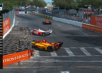 The Turn 4 tyre barrier has been reduced in size after this Scott McLaughlin-Romain Grosjean incident in 2023. Image: IndyCar world feed