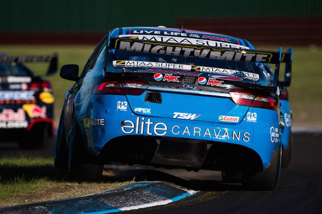 Chaz Mostert chasing Prodrive Racing Australia team-mate Mark Winterbottom at close quarters during the Sandown 500 