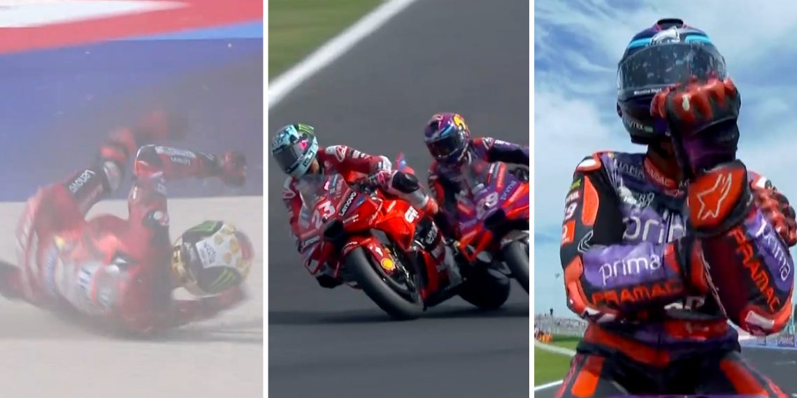 (From left) Francesco Bagnaia crashes, Enea Bastianini passes Jorge Martin, and Margin reacts as he crosses the start-finish line.