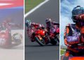 (From left) Francesco Bagnaia crashes, Enea Bastianini passes Jorge Martin, and Margin reacts as he crosses the start-finish line.