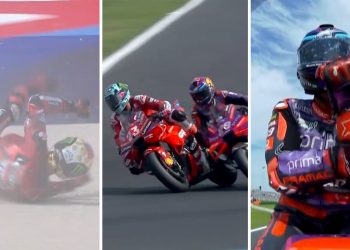 (From left) Francesco Bagnaia crashes, Enea Bastianini passes Jorge Martin, and Margin reacts as he crosses the start-finish line.