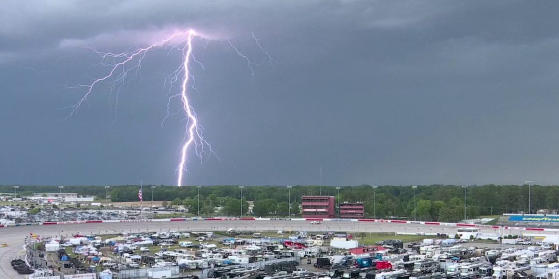 Lightning over Darlington Raceway, where NASCAR Xfinity Series Qualifying has been cancelled. Image: NASCAR on Fox X