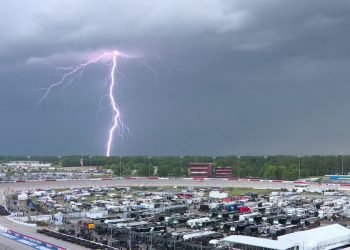 Lightning over Darlington Raceway, where NASCAR Xfinity Series Qualifying has been cancelled. Image: NASCAR on Fox X