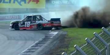 Noah Gragson (#18) collided with Kyle Busch Motorsports teammate Todd Gilliland (#4) on the final lap of the NASCAR Truck Series race at Mosport.