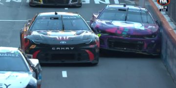 Bubba Wallace hits Chicago street race winner Alex Bowman on the cool-down lap. Image: Fox Sports