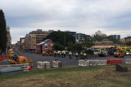 Roadworks on the Watt Street/Wharf Road roundabout in October 2017. Image: Speedcafe
