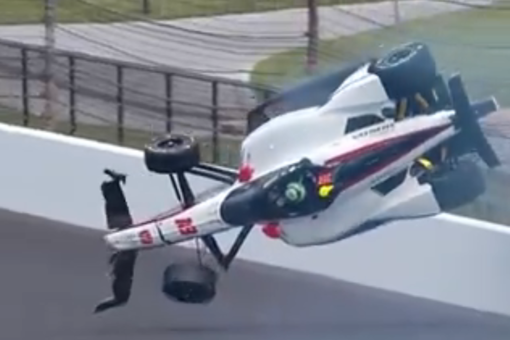 Nolan Siegel crashes on Fast Friday at the 2024 Indy 500. Image: Peacock
