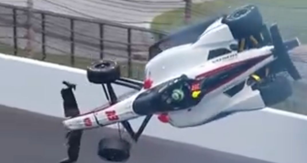 Nolan Siegel crashes on Fast Friday at the 2024 Indy 500. Image: Peacock