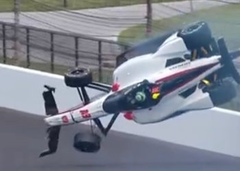 Nolan Siegel crashes on Fast Friday at the 2024 Indy 500. Image: Peacock