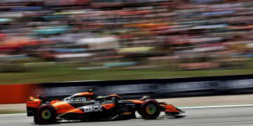 A lap as the chequered flag waved saw Lando Norris steal pole position for the Spanish Grand Prix from Max Verstappen. Image: Coates / XPB Images