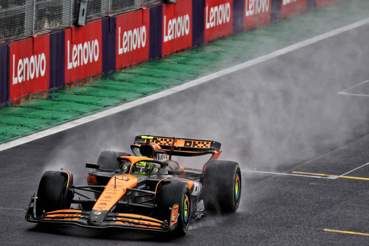 Lando Norris has survived a marathon qualifying session to take pole for the Sao Paulo Grand Prix from George Russell and Yuki Tsunoda. Image: Batchelor / XPB Images