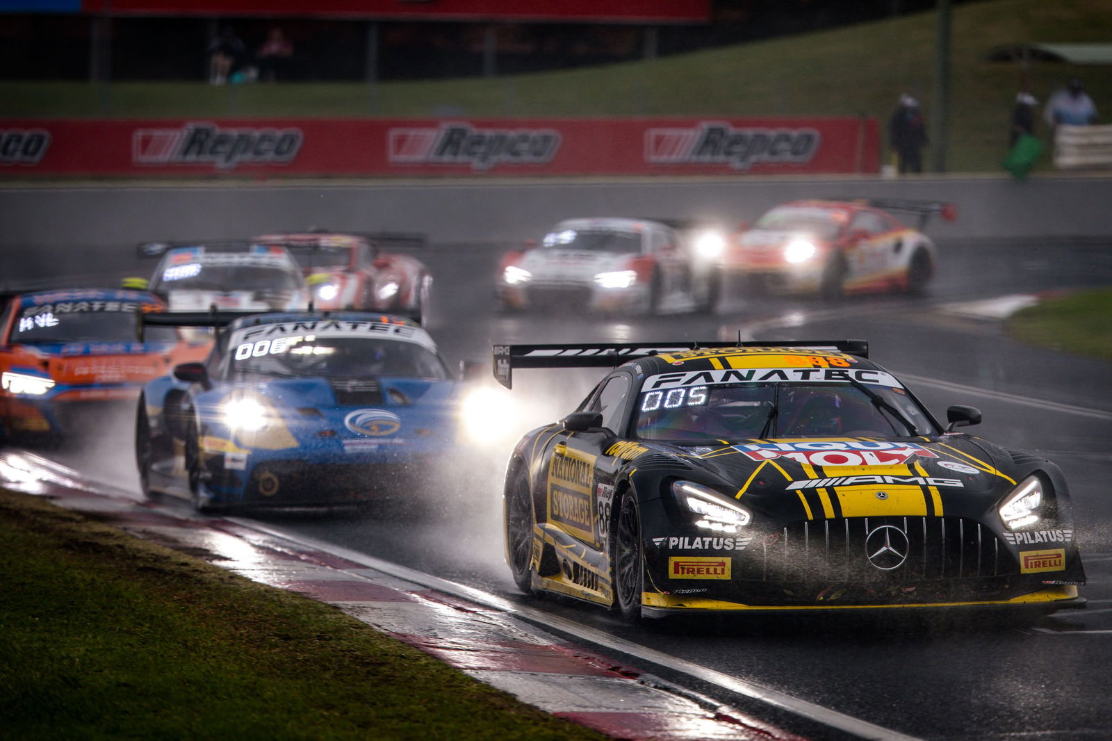 The #888 Mercedes-AMG GT3 driven by Will Brown, Broc Feeney, and Mikael Grenier in the 2024 Bathurst 12 Hour. 