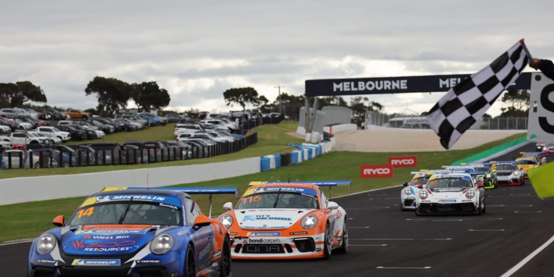 Race 3 finished behind the Safety Car and Caleb Sumich was the winner. Image: Porsche / Speedshots