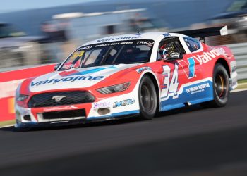 Series leader James Moffat return to the winners' circle in Race 1 of Trans Am at Phillip Island. Image: MA / Speedshots
