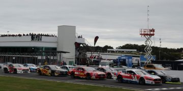 Start of Race 3 of Trans Am with GRM drivers Golding and Moffat in front of Supercheap Auto's Morris and The Racing Academy's Boys. Image: MA / Speedshots