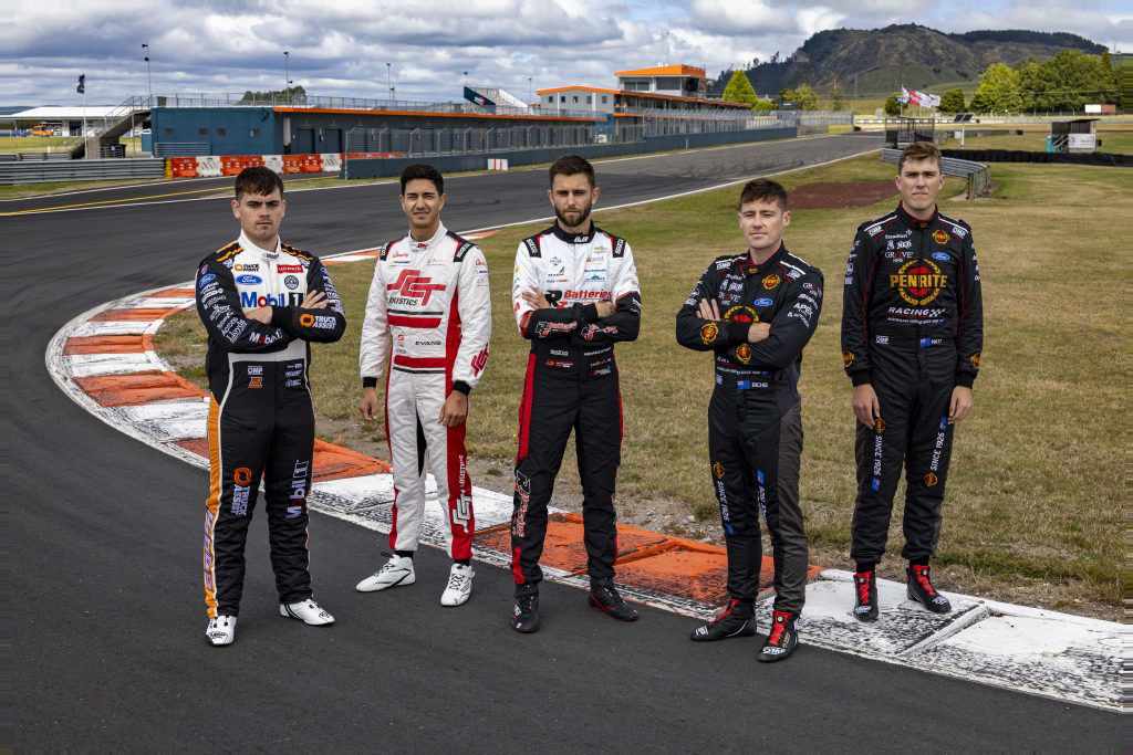 The five New Zealand drivers in the Supercars Championship field, at Taupo. Image: Supplied