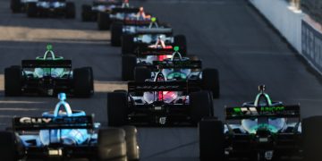 The IndyCar field at Iowa Speedway.