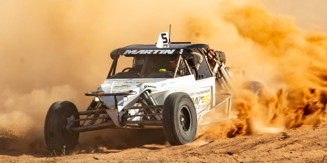 Dale Martin and Tanner James took the lead on the final lap to win the Pooncarie Desert Dash. Image: MA / Dan Thompson