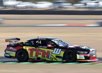 Todd Hazelwood and his TFH Mustang in front, was a familiar sight at Round 5 of Trans Am at the Shannons SpeedSeries. Image: MA / Speed Shots