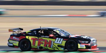 Todd Hazelwood and his TFH Mustang in front, was a familiar sight at Round 5 of Trans Am at the Shannons SpeedSeries. Image: MA / Speed Shots