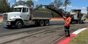 Part of ongoing works at Queensland Racewayy is new bitumen is already going down for Turns 3 and 6.