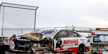 Andre Heimgartner's crashed #8 Holden ZB Commodore.