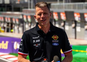 Garth Tander speaking at a press conference at the Bathurst 1000 in 2023.