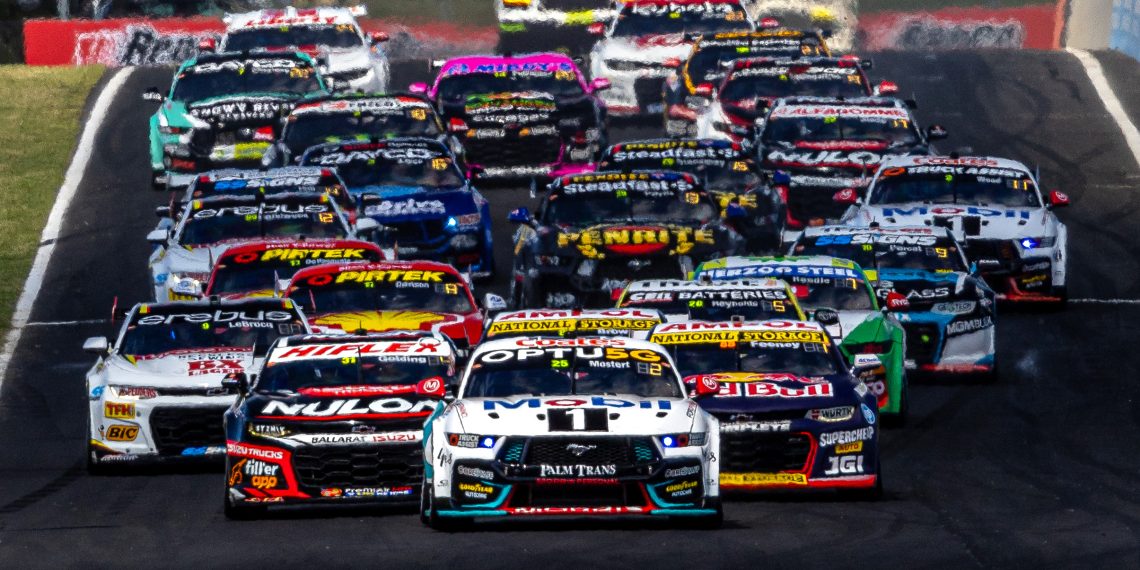 The start of Race 2 of the 2024 Supercars Championship at Mount Panorama.