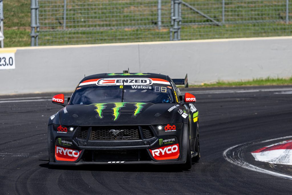 Cam Waters drives his Tickford Racing Ford Mustang around Murray's Corner at Mount Panorama at the Supercars Bathurst 500 in February 2024. Image: InSyde Media