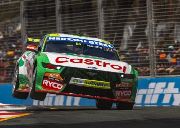 Thomas Randle attacks the Beach Chicane at the Gold Coast 500 at Surfers Paradise in a Tickford Racing Ford Mustang Supercar in October 2023