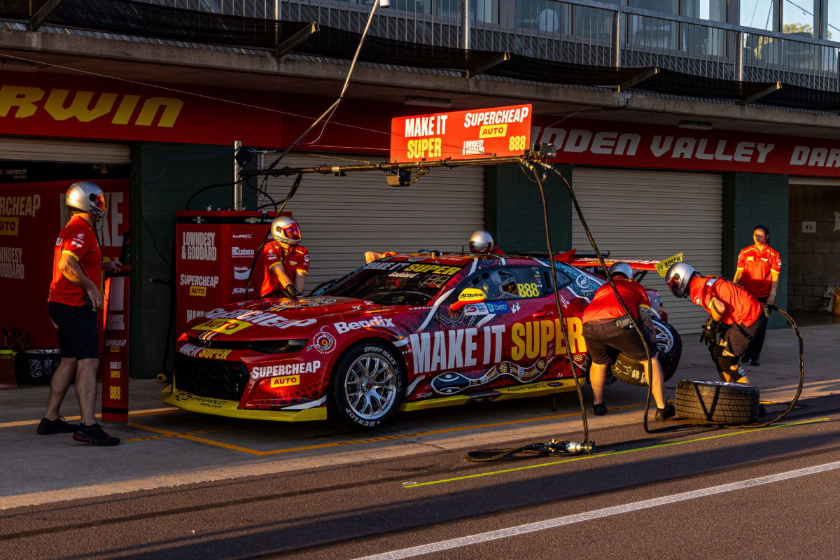 Triple Eight Race Engineering's wildcard crew completes pit stop practice on the Supercheap Auto Camaro at Hidden Valley. Image: InSyde Media