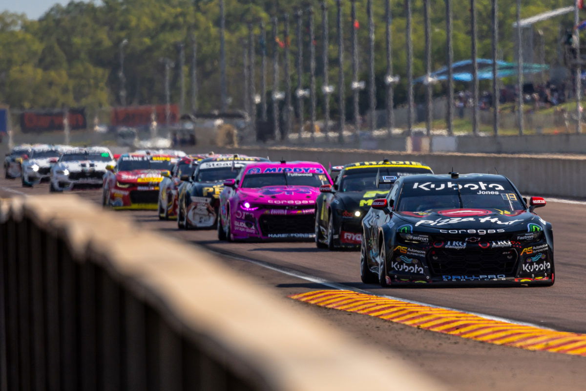 Macauley Jones. who drives the Pizza Hut Camaro (foreground), says the Mustang has ample straight-line speed amid a Supercars parity review. Picture: InSyde Media