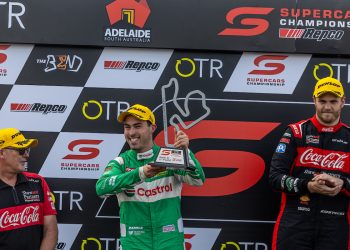 Thomas Randle celebrates a Supercars Championship podium at The Bend in August 2023