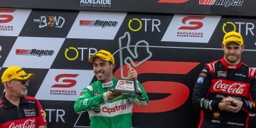 Thomas Randle celebrates a Supercars Championship podium at The Bend in August 2023