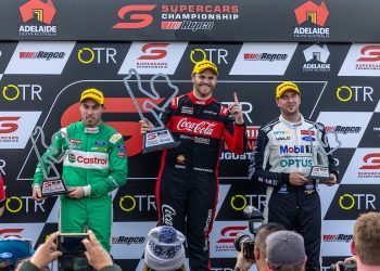 Brodie Kostecki, Thomas Randle, Chaz Mostert stand on the podium at The Bend in August 2023