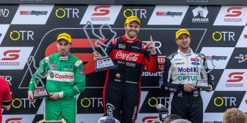 Brodie Kostecki, Thomas Randle, Chaz Mostert stand on the podium at The Bend in August 2023