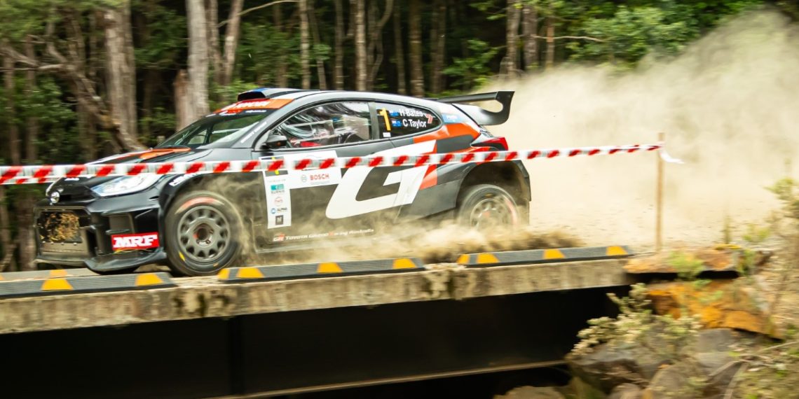 Harry Bates and Coral Taylor took the lead in Rally Tasmania after the demise of Scott Pedder and Glenn Macneall.