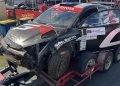 The damaged Batest/Taylor Toyota GR Yaris returns to the Gympie service centre at Rally Queensland.