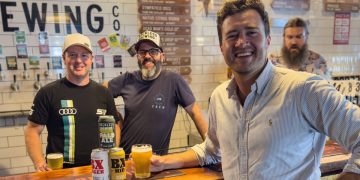 Bathurst Deputy Mayor, Councillor Ben Fry (at front) with local driver and 12 Hour entrant Brad Schumacher, and Reckless Brewing co-owner Jarrod Moore. Image: Supplied